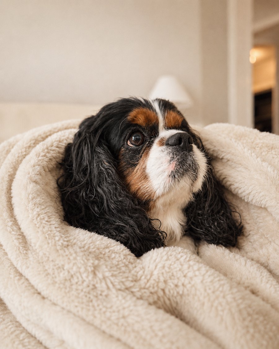 Miles, a tricolour Cavalier King Charles Spaniel, tucked into a blanket