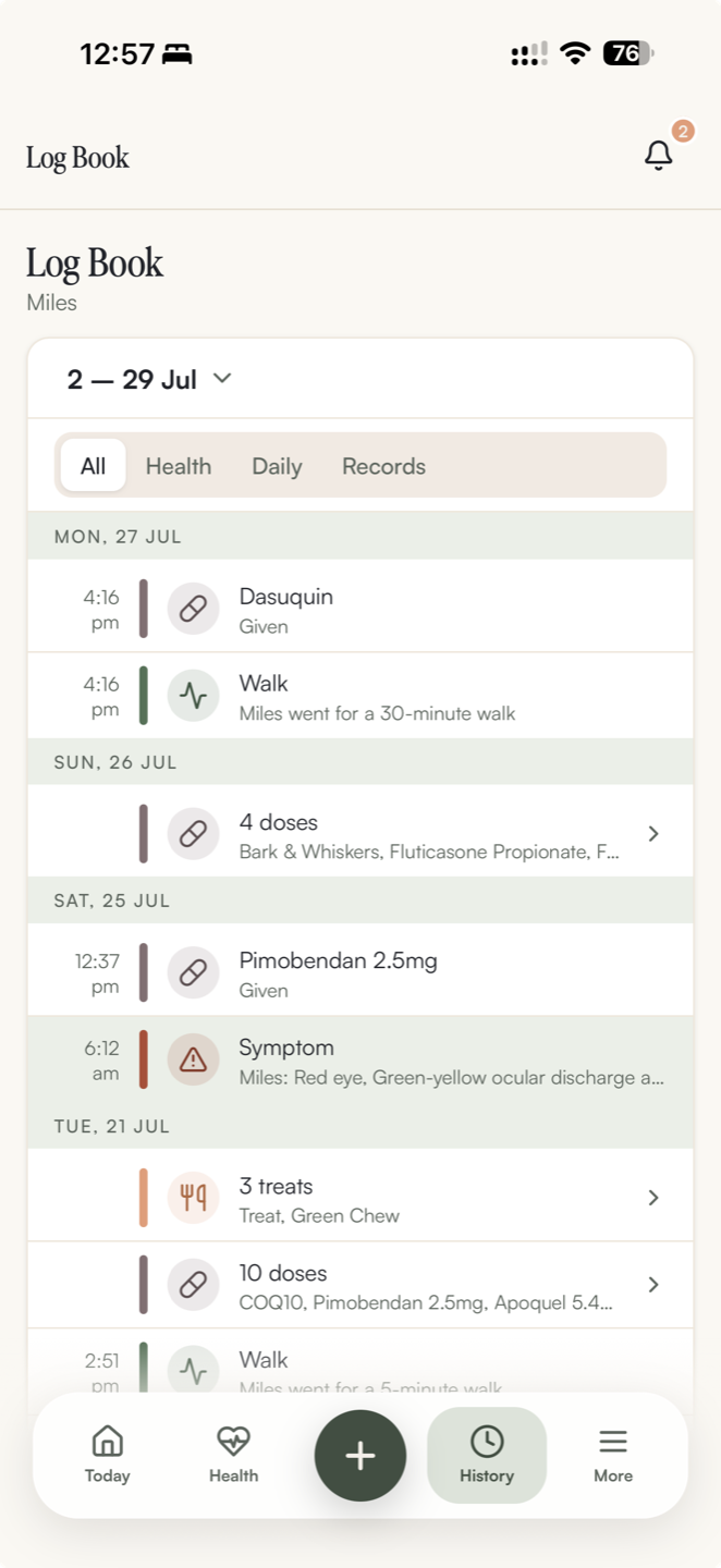 Bubba symptoms and notes screen